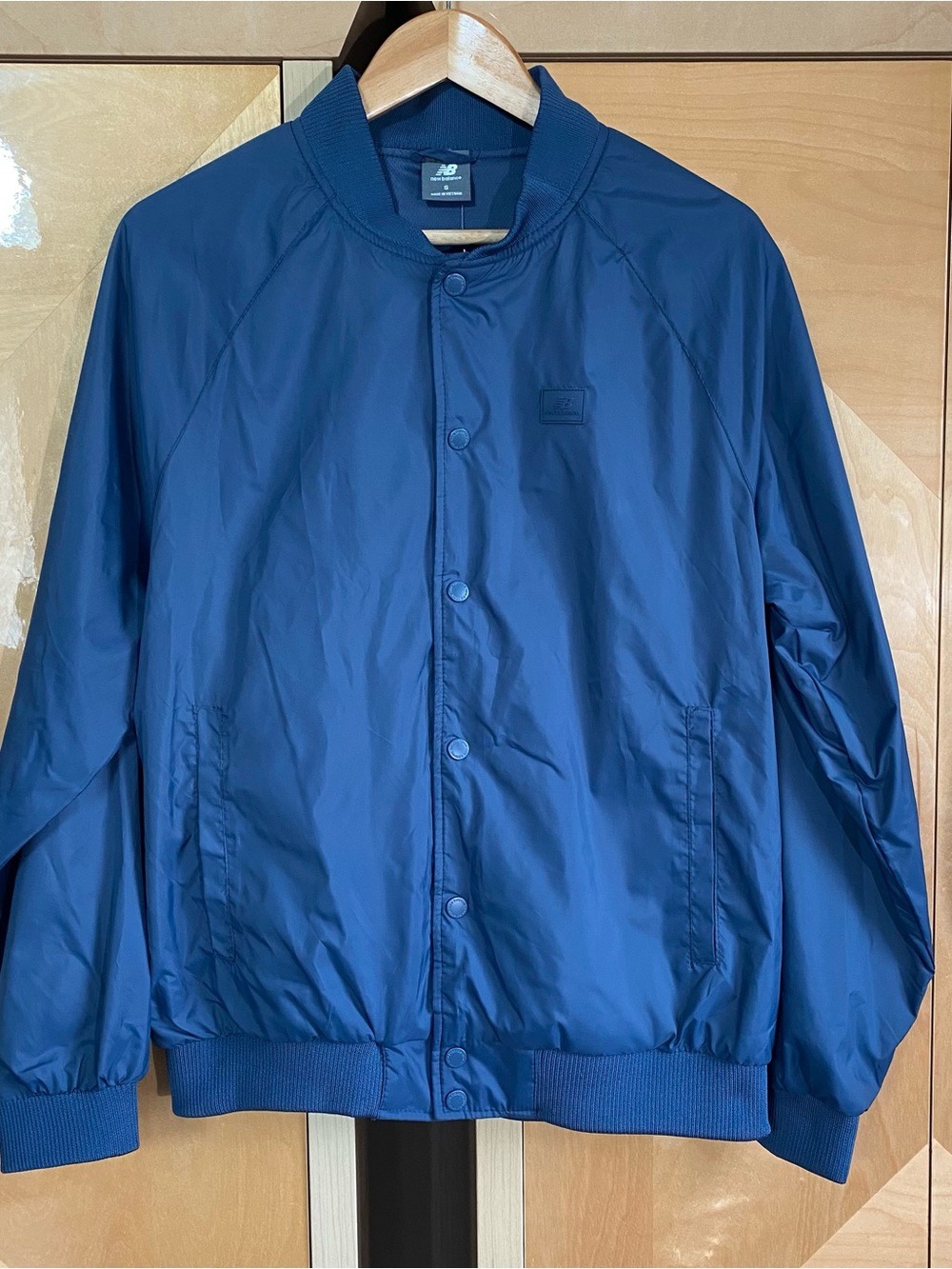New Balance Mens Wind Bomber Jacket Blue Snap Up Size Small Water Resistant